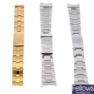 ROLEX - a stainless steel Oyster bracelet with Fliplock clasp together with another stainless steel Rolex bracelet and an unbranded gold plated bracelet.