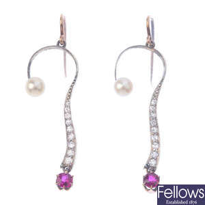 A pair of natural pearl, ruby and diamond earrings.