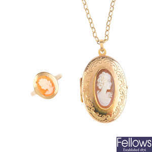 A 9ct gold cameo locket and ring.