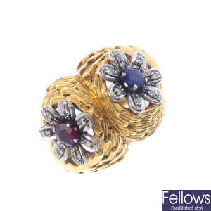 A 1970s 18ct gold diamond, sapphire and ruby floral dress ring.
