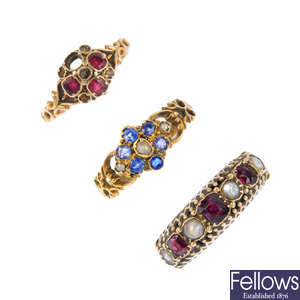 Three late Victorian gold gem-set rings.