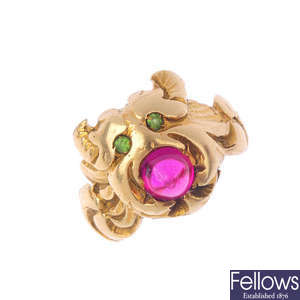 A synthetic ruby and gem-set dress ring.