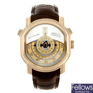 BULGARI - a limited edition 18ct rose gold gentleman's Daniel Roth Papillon Voyageur GMT wrist watch.