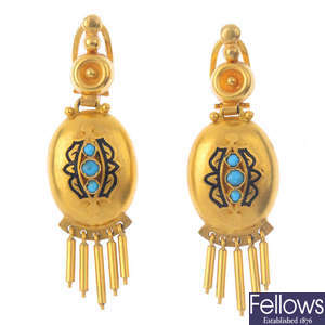 A pair of late 19th century gold turquoise and enamel earrings.