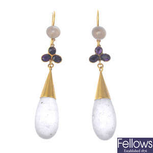 A pair of amethyst and rock crystal earrings. 