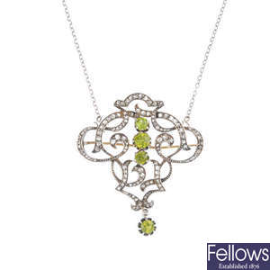 A late Victorian peridot and diamond pendant, with detachable chain.