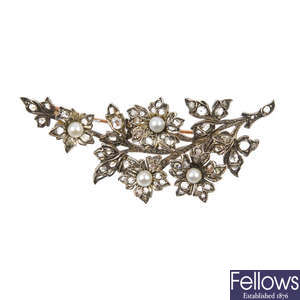 An early 20th cultured pearl and diamond brooch.