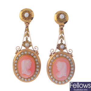 A pair of late Victorian gold, shell cameo and split pearl earrings.