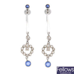 A pair of mid 20th century sapphire and diamond earrings