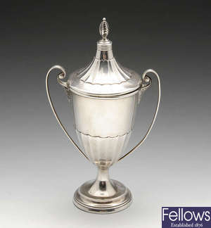 A 1920's silver twin-handled trophy cup & cover.