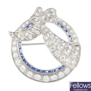 A mid 20th century diamond and sapphire brooch.