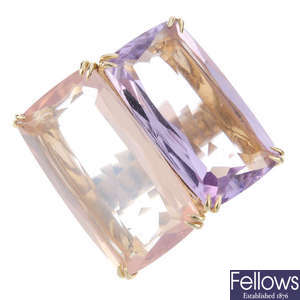 An amethyst, quartz and diamond dress ring.