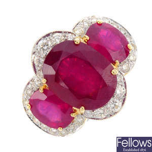 A glass-filled ruby and diamond dress ring.