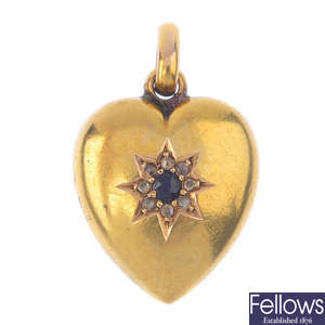 A late Victorian 15ct gold sapphire and diamond heart pendant.