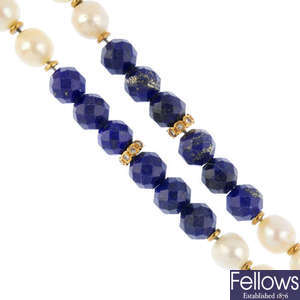A cultured pearl, lapis lazuli and diamond necklace.