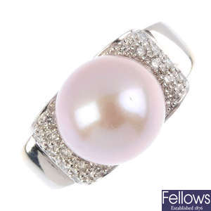 A 14ct gold cultured pearl and diamond dress ring.