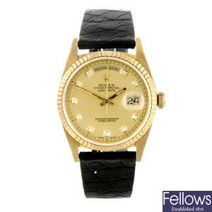 ROLEX - a gentleman's 18ct yellow gold Oyster Perpetual Day-Date wrist watch.