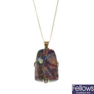 A 9ct gold treated opal pendant, with chain.