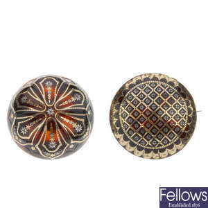 Two late 19th century tortoiseshell pique brooches.