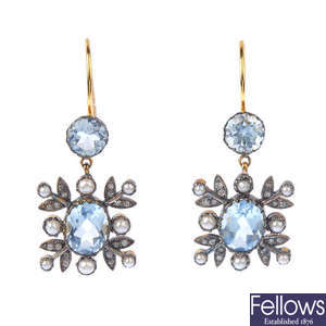 A pair of topaz, diamond and split pearl earrings.