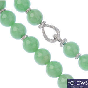 A jade single-strand necklace, with diamond highlights.