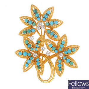 A mid 20th century diamond and turquoise floral brooch.