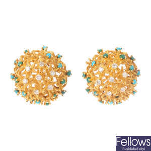 A pair of mid 20th century diamond and turquoise earrings.