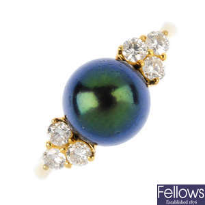 A set of dyed cultured pearl and diamond jewellery.