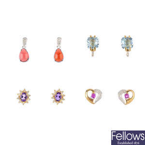 Four pairs gem-set earrings.