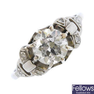 A mid 20th century platinum diamond single-stone ring.