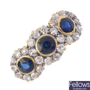 A mid 20th century 18ct gold sapphire and diamond triple cluster ring.