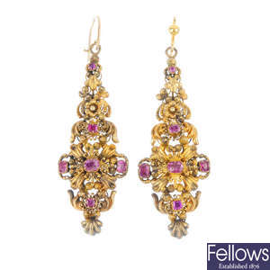 A pair of late Georgian gold foil-back ruby earrings.