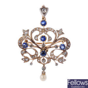 An early 20th century silver and gold, sapphire, diamond and cultured pearl pendant.