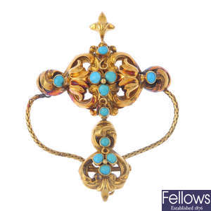 A mid Victorian gold turquoise foliate pendant.