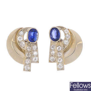 A pair of mid 20th century synthetic sapphire and diamond earrings.