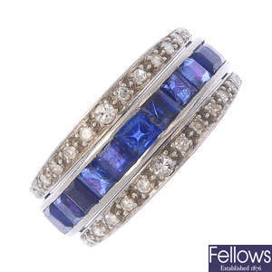 A sapphire, ruby and diamond flip ring.