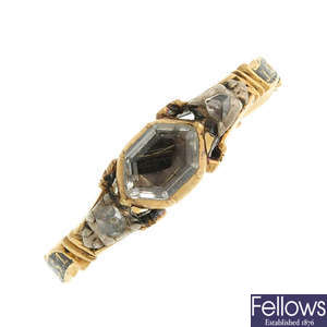A George III gold quartz, diamond and enamel memorial ring.