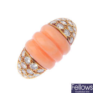 An 18ct gold coral and diamond ring.