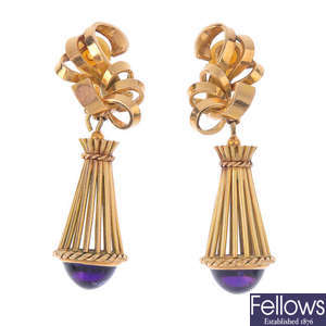 A pair of 1960s 18ct gold amethyst earrings.