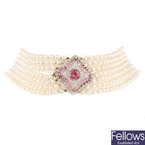 A cultured pearl seven-row necklace, with diamond and tourmaline clasp.