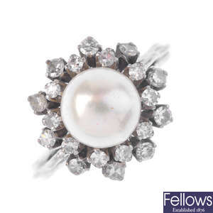 A mid 20th century platinum, cultured pearl and diamond dress ring.