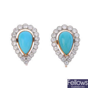 A pair of turquoise and diamond cluster stud earrings.