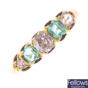 A late Victorian 18ct gold emerald and diamond five-stone ring.