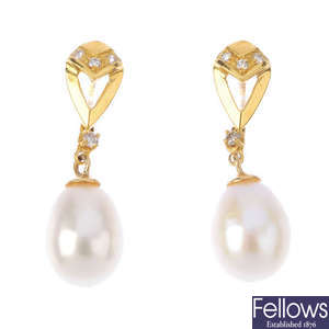 A pair of yellow metal, paste and cultured pearl earrings.