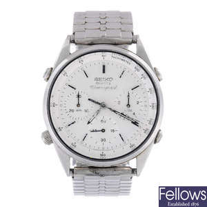 SEIKO - a gentleman's stainless steel chronograph bracelet watch. Together with two other watches.