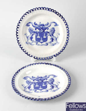 A pair of early 19th century Riley's Semi China Draper's Company blue transfer-printed armorial ribbon plates.