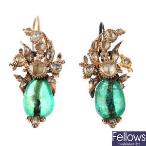 A pair of early 19th century Continental  gold, Colombian emerald and diamond earrings.