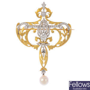 A French Belle Epoque gold, diamond and pearl brooch.