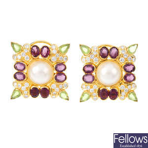 A pair of imitation pearl, amethyst, peridot and diamond earrings.