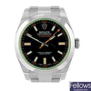 ROLEX - a gentleman's stainless steel Oyster Perpetual Milgauss bracelet watch.
